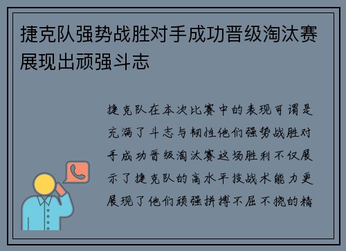 捷克队强势战胜对手成功晋级淘汰赛展现出顽强斗志 捷克队强势战胜对手成功晋级淘汰赛展现出顽强斗志