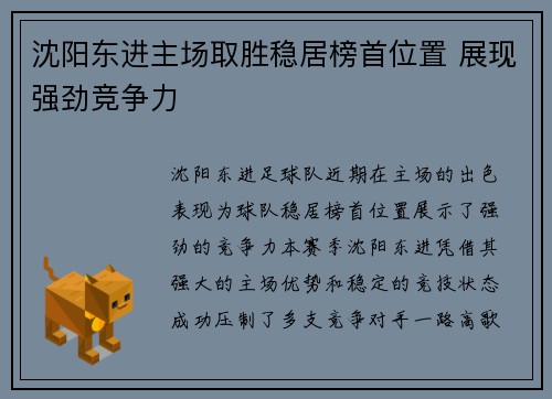 沈阳东进主场取胜稳居榜首位置 展现强劲竞争力 沈阳东进主场取胜稳居榜首位置 展现强劲竞争力