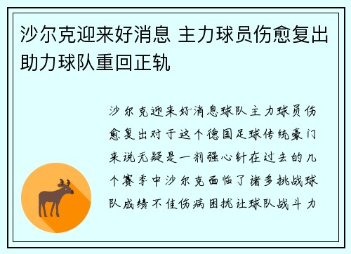 沙尔克迎来好消息 主力球员伤愈复出助力球队重回正轨